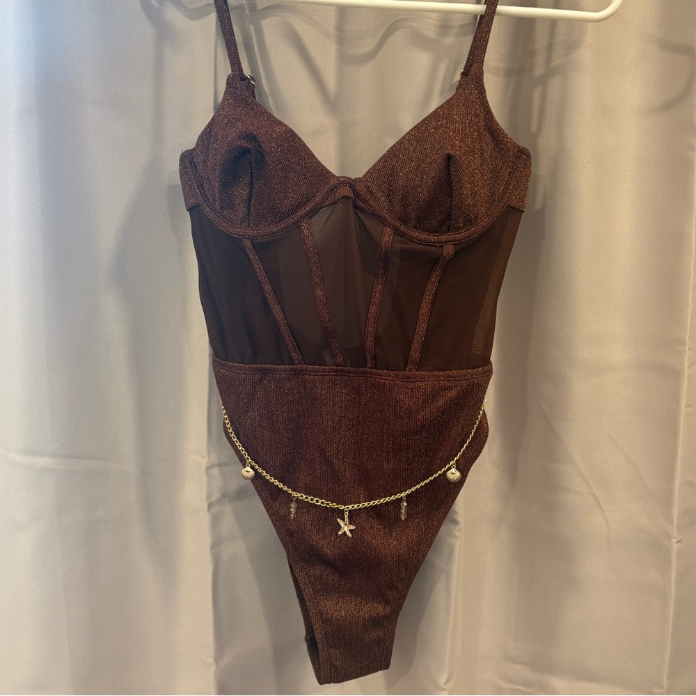 NWT Cupshe Over the Top Brown Sheer Swimsuit with Gold Chain Detail